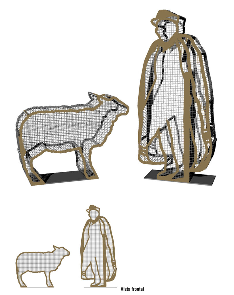 Diseño de estructura metálica para contener tapones de plástico, inspirado en la forma de un pastor y una oveja. Ubicado en el municipio de Moya, Gran Canaria.